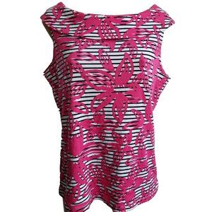 Rafaella Studio Sleeveless Top Scoop Collar L/G Pink Black and White Floral